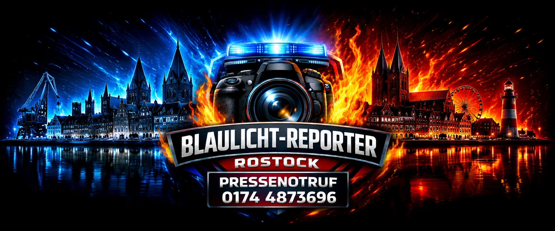 Blaulicht-Reporter Rostock vor der Rostocker Stadtsilhouette